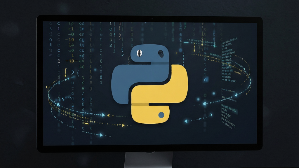 一张现代简约风格的电脑桌面特写,屏幕中央显示着Python的官方Logo,由蓝色和黄色构成的蟒蛇图形,周围环绕着抽象的代码雨和跳动的数据流,背景是深色磨砂质感,整体布局清晰大气,色彩对比鲜明,画质细腻干净无多余元素