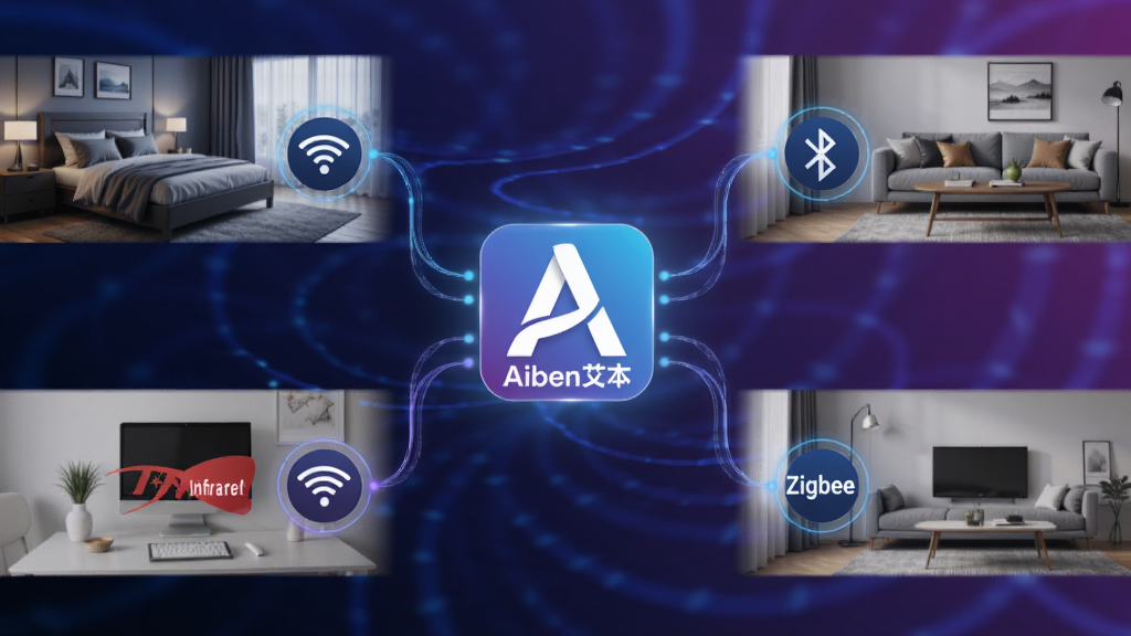 һ������Aiben������Э�����ӵĴ������ͼ�������Ƿ����Aiben��������Logo����������������ֱ������ű���Wi-Fi�����������⡢Zigbee��ͼ��ڵ㣬ÿ���ڵ㱳����Ӧ��ͬ���������ҡ�����������ɫ��Ϊ�������Ͻ��䣬�Ƽ���Ч����ͼ���пռ�����У�����ϸ��ɾ�