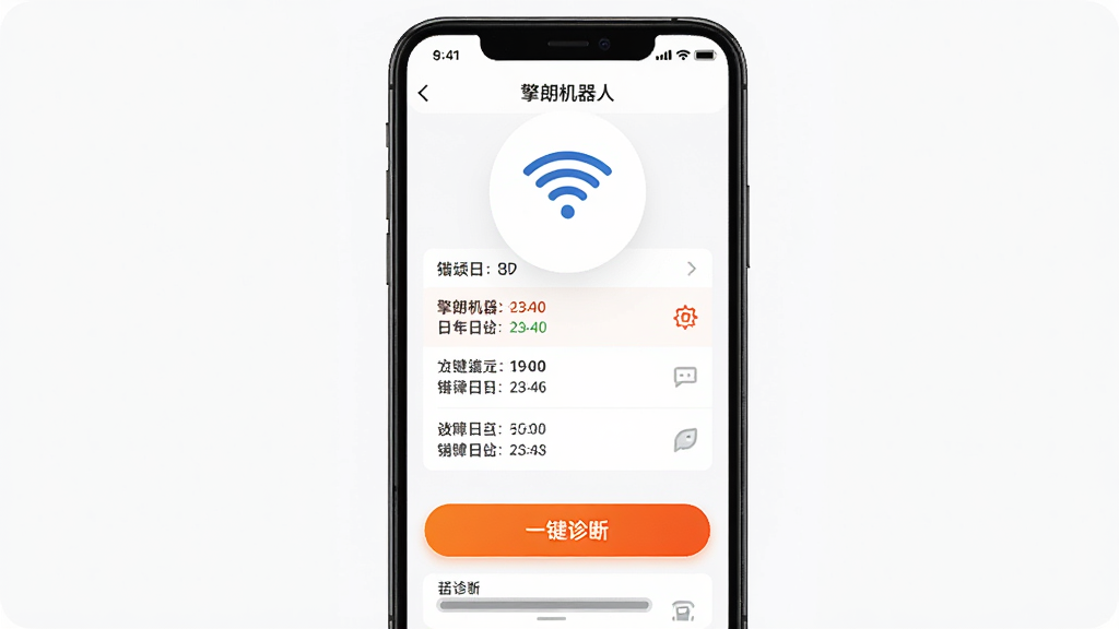 手机画面展示“擎朗机器人”APP的故障诊断界面,界面上有WiFi信号图标、错误日志列表和一个明显的“一键诊断”按钮。主体为手机屏幕,布局居中。风格为简洁的UI设计图,细节上诊断按钮高亮为橙色,背景为纯白色,画质干净高清,无多余元素。
