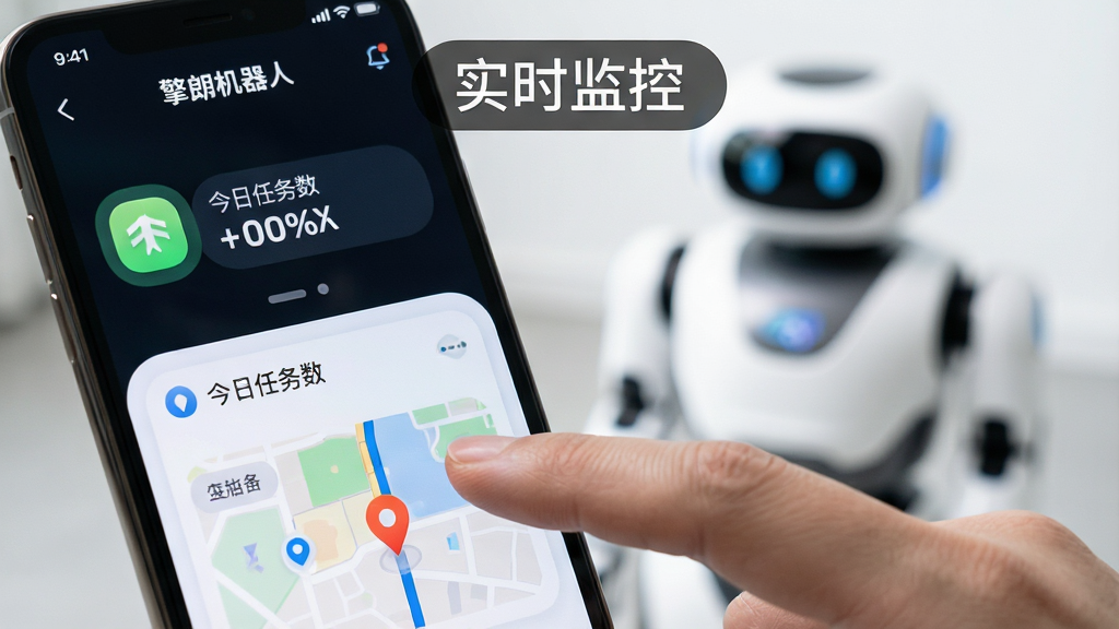 特写镜头,一只手指正点击手机屏幕上的“擎朗机器人”APP界面,界面显示机器人电量百分比、今日任务数与地图定位。主体为手机与背景虚化的实体机器人。构图采用大光圈浅景深效果,突出屏幕内容。风格为清晰的截屏风格结合实拍,细节上屏幕内图标圆润,色彩明快,画质高清,背景干净无杂物,图片上悬浮着“实时监控”字样。