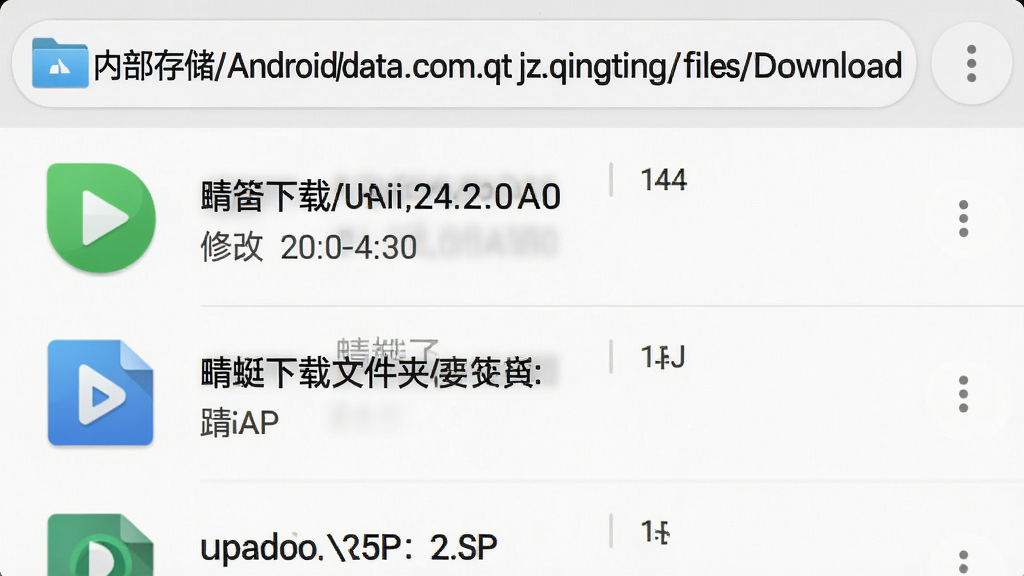 ����Ϊ�ֻ��ļ����������棬·������ʾ���ڲ��洢/Android/data/com.qtjz.qingting/files/Download�����·��г������Ƶ�ļ�ͼ�������ƣ����ֲ�η������Ϸ�·�����·��ļ��б������дʵ���ļ�����ͼ�������ɱ棻ϸ�ڰ����ļ���С���޸�ʱ�䡢����ѡ�ť�����ʸ��壬�޶���Ԫ�أ�ͼƬ���������ע�����������ļ��С�