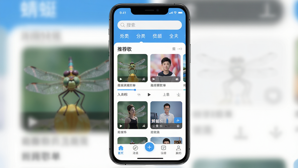 ����Ϊ�ֻ���Ļչʾ����APP�����棬���涥��������������ǩ���в���ʾ�Ƽ��赥����Ƶ��Ƭ���ײ����������������ֲ���������й�ͼ������Ԫ���Ų����룻����ִ���ƽ������ɫ��Ϊ�������״��䣻ϸ�ڰ������Ž����������ذ�ť�����ʱ�ʶ��Ԫ�أ����ʸ���ɾ����޶���Ԫ�أ�ͼƬ���������ע�����ѡ�����