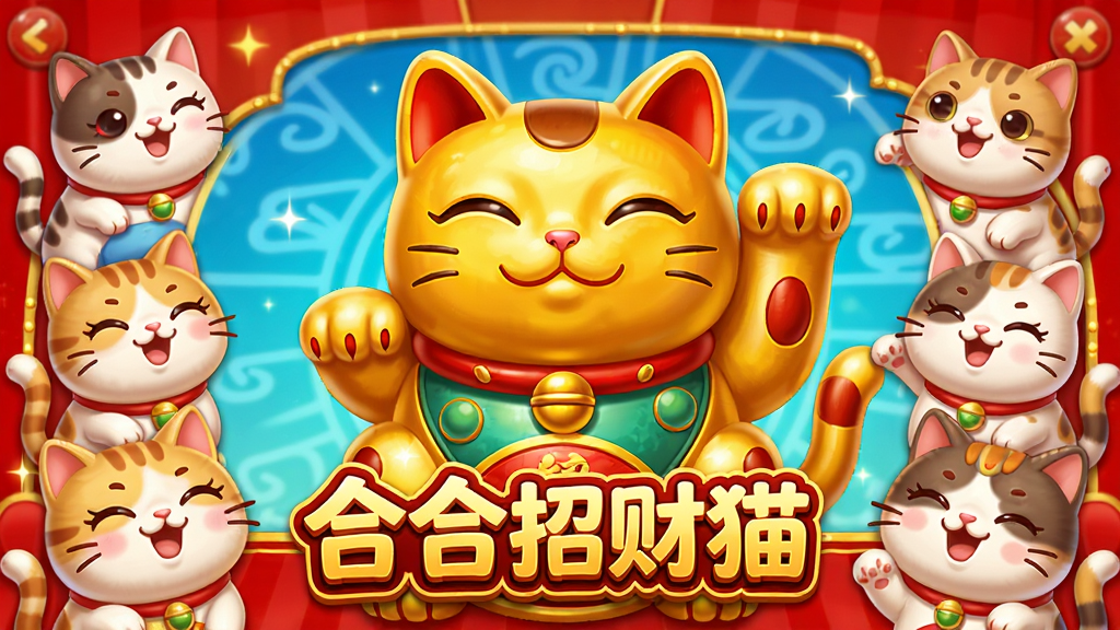 一张明亮欢快的游戏主界面截图风格图片,中央是一只巨大的金色招财猫,周围环绕着各种表情的小猫,界面有“合合招财猫”游戏Logo,布局呈中心对称,色彩以红金为主,画风卡通Q版,细节精致,画质高清且干净,无多余元素
