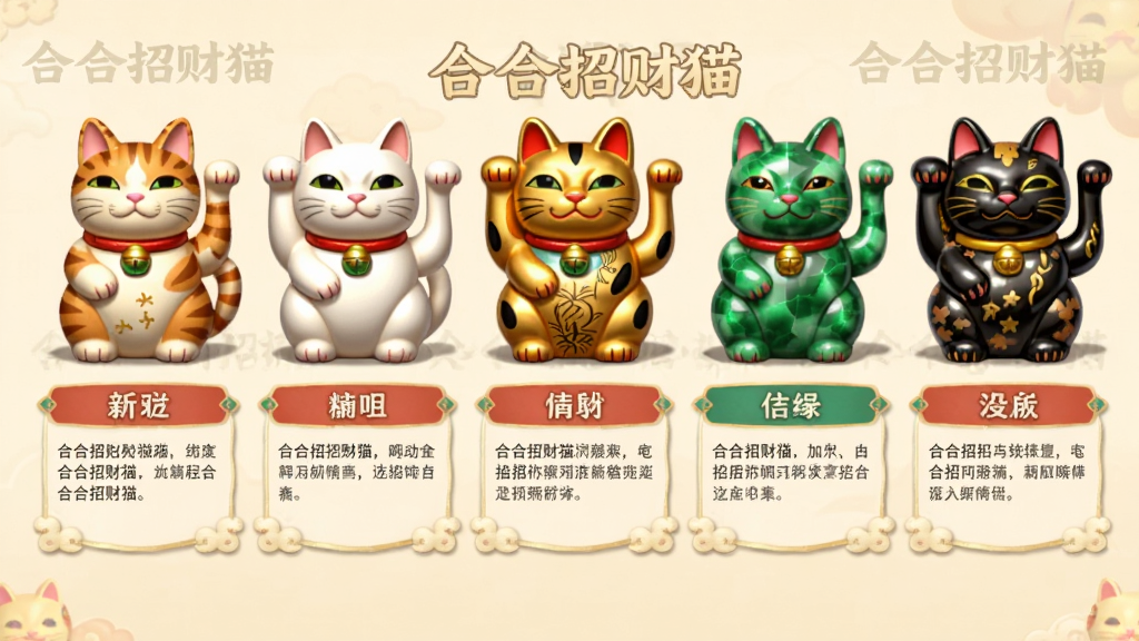 游戏图鉴界面,展示着一排排形态各异的招财猫,有橘猫、白猫、金猫、翡翠猫等,每只猫咪下方有名字和简介,界面布局规整,风格精美,背景有“合合招财猫”水印,画质高清干净,无多余元素