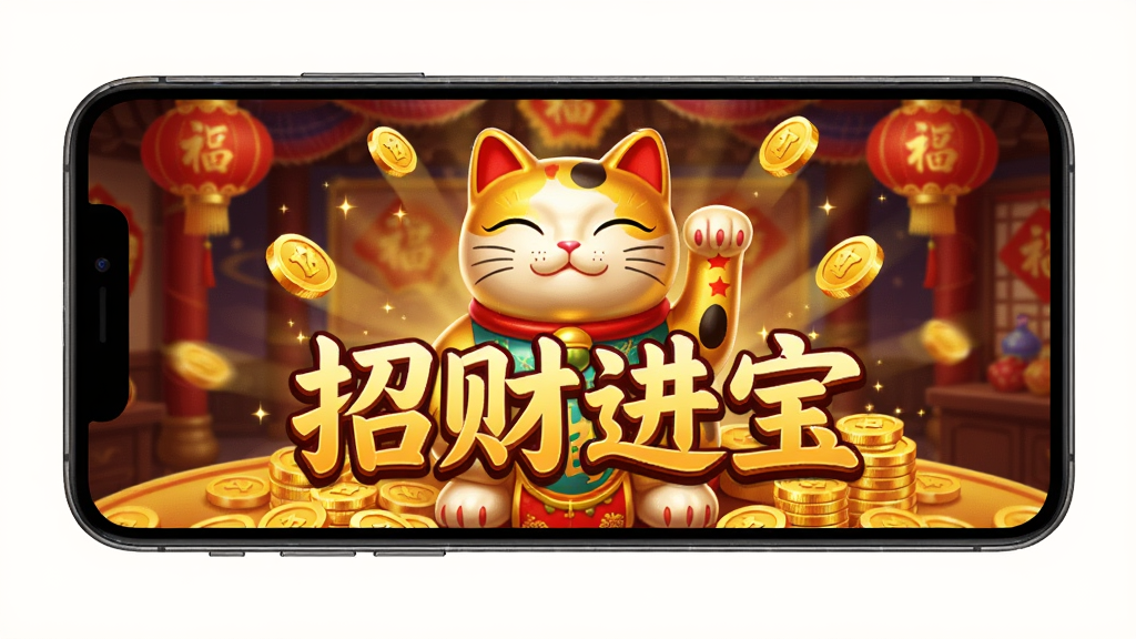 手机屏幕显示游戏正常运行,背景是游戏主界面,有金色招财猫和金币特效,画面清晰,文字“招财进宝”,风格喜庆,布局居中,画质干净无多余元素