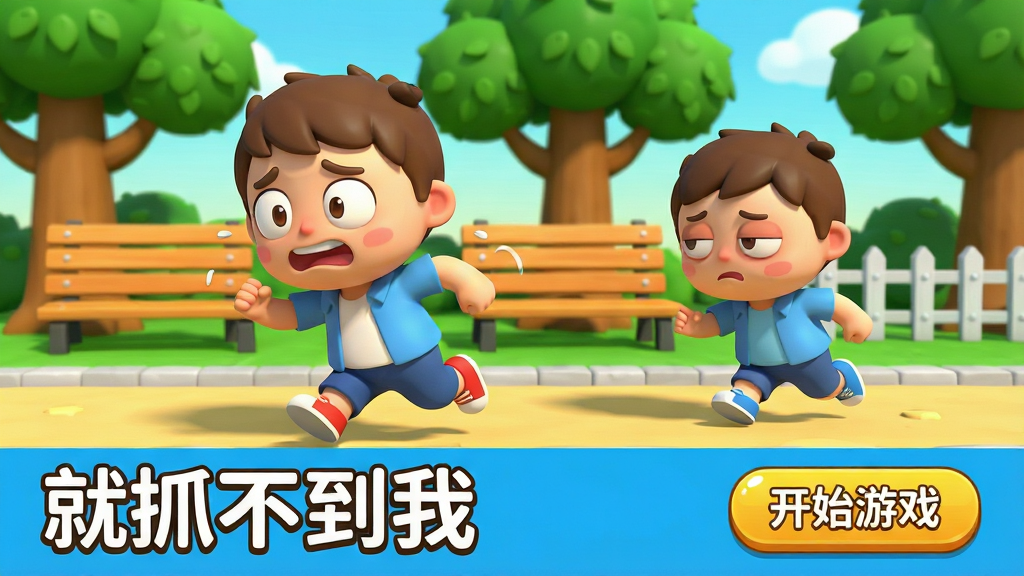 ����Ϊ��Ϸ�������ͼ��񣬻��������������ɰ��Ŀ�ͨ��ɫ��һ�����ڱ��ܶ�ܣ���һ���ں���׷�ϣ�������ɫ������Ĺ�԰����������ľ�����κ�Χ�������ֲ��ú���ͼ����ɫλ�ڻ���ƽ�ָ�㣬׷�����������У��Ű�ɾ���ˬ������ײ���ʾ����ץ�����ҡ���Ϸ����͡���ʼ��Ϸ����ť������������Ŀ��������Ϊ��ͨ��Ⱦ��ɫ�ʱ��Ͷȸߣ�����Բ�󣬹�Ӱ��ͣ�ϸ���ϣ����ܽ�ɫ������ŵ��Դ����⣬׷�Ͻ�ɫ��һ�����Σ����ʸ��壬�ɾ��޶���Ԫ�ء�