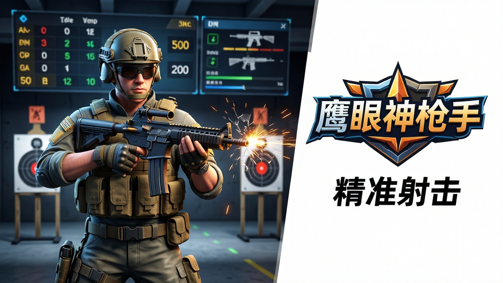 主体:游戏主界面展示,一名持枪角色站在靶场中央,背后是动态的计分板与枪械参数界面。布局:角色居中偏左,右侧留白区域展示“鹰眼神枪手”游戏Logo与“精准射击”字样。排版:游戏UI风格,信息层级分明,Logo醒目。风格:现代3D写实风格,光影效果逼真,色彩鲜明。细节:枪口火花、靶心被击中后的碎裂效果、角色战术装备细节清晰。画质:4K高清渲染,画面干净无噪点,无多余UI元素。