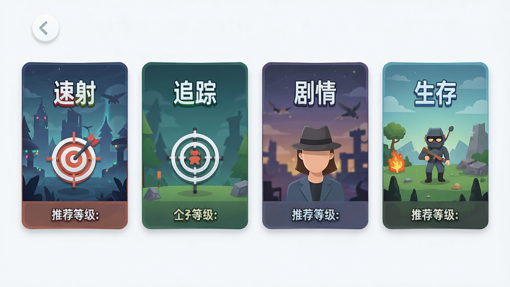 主体:游戏内任务选择界面,展示四种不同模式(速射、追踪、剧情、生存)的横版卡片。布局:四张卡片水平排列,每张卡片上有模式名称与背景图,下方是推荐等级。排版:简洁明快的UI布局,卡片化设计。风格:现代扁平化与轻拟物结合风格,色彩明快。细节:每张卡片上的小图标(如靶心、移动靶、剧情人物)清晰可辨。画质:界面清晰,元素边缘锐利,无多余文字。