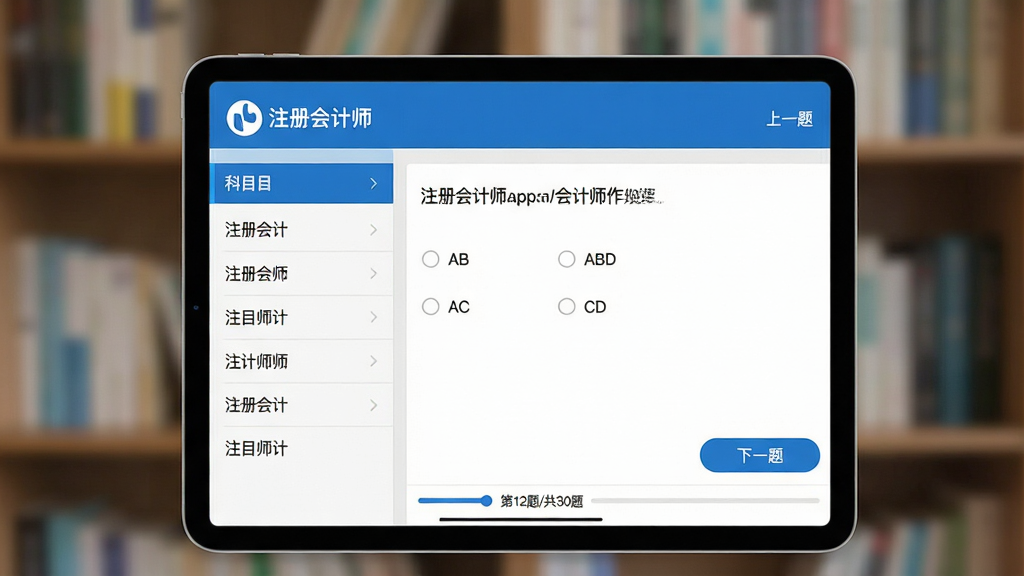 ���壺ƽ����Ժ�����ʾ��ע����ʦ��App�����棬����ǿ�Ŀ�б����Ҳ���ѡ�����������򡣲��֣�ƽ����У�����Ϊģ�����鷿��ܣ�Ӫ��ѧϰ��Χ���Ű棺����UI��������Ŀ���ֿɶ����Ҳ��С���һ�⡱����һ�⡱��ť������ִ���ƽ�����ɫ��������Ϊ������ˬרҵ��ϸ�ڣ���Ļ���Ͻ���ʾ��ע����ʦ��Logo���в�һ����ѡ����·���ABCD�ĸ�ѡ��ײ���������ʾ����12��/��30�⡱�����ʣ����壬�ɾ��޶���Ԫ�ء�