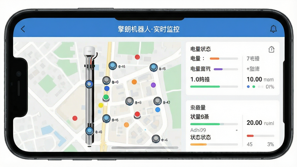 ��������Ϊ�ֻ��������棬��Ļ����ʾ��̨�������ڵ�ͼ�ϵ�ʵʱλ�÷ֲ�ͼ��ÿ̨�������Բ�ͬ��ɫԲ���ע���Ҳ��е�����״̬����������ͼ���ֻ���ĻΪ���ģ������Ű��������Ϸ�������д�С����ʻ�����ʵʱ��ء������ΪUI�����ͼ��񣬱�ƽ����ƣ�ɫ�����죬���ʸɾ����޶���Ԫ�ء�