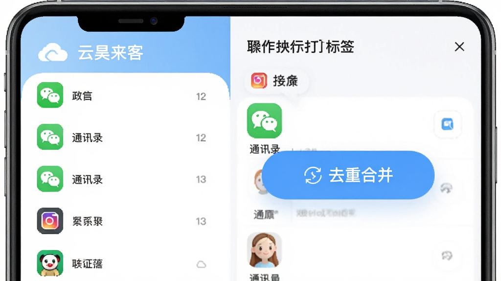 图片主体为“云昊来客”App的联系人聚合界面,左侧是来源分类列表,右侧是打标签操作面板,布局为左右分栏,排版整齐,风格清新简洁,展示微信、通讯录等图标,细节突出“去重合并”悬浮按钮,画质干净明亮,无多余元素