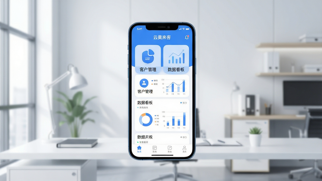 画面主体为一款名为“云昊来客”的智能手机应用界面悬浮于现代办公桌上方,屏幕中清晰显示“客户管理”“数据看板”等中文标签,背景是简约的商务环境,布局采用居中特写构图,排版干净整洁,科技蓝与白色为主色调,扁平化设计风格,细节包括界面图标圆润、数据图表清晰,画质高清,干净无多余元素
