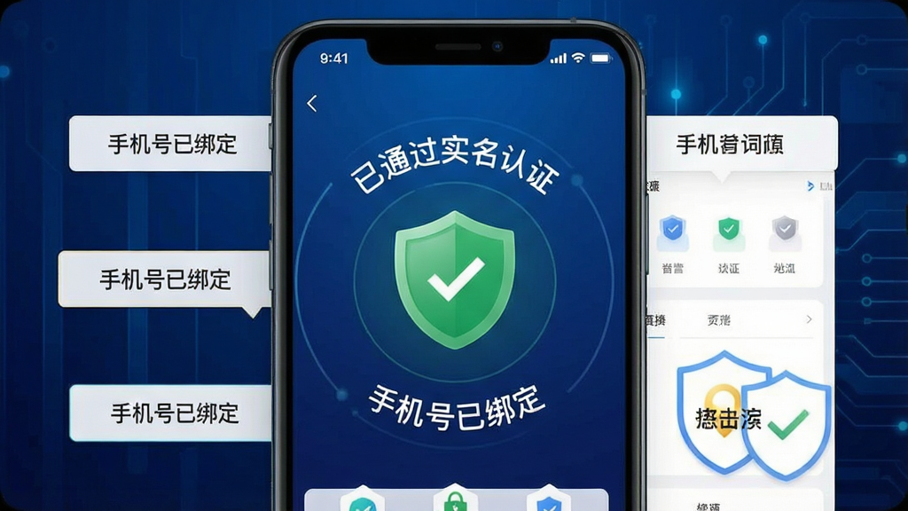 一张看准APP的安全认证中心界面截图,画面中央显示一个绿色盾牌图标,周围环绕着“已通过实名认证”、“手机号已绑定”等字样,背景为深蓝色科技感渐变。主体为放大的手机界面,布局稳重,风格简洁专业,细节展现多种安全标识,画质清晰干净,无多余元素。