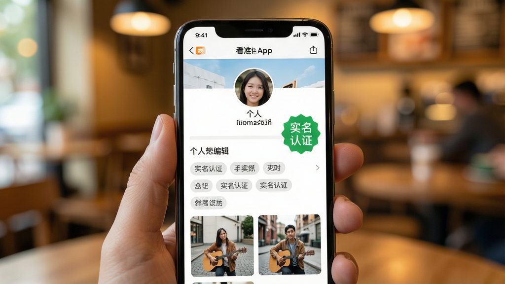 一张展示智能手机屏幕的图片,屏幕内是看准APP的个人资料编辑页面,页面布局清晰,包含多张生活照片、详细的个人标签以及右侧醒目的“实名认证”绿色标识。画面主体为手机特写,背景为模糊的暖色调咖啡馆环境,营造出温馨、真实的社交氛围。排版上突出APP界面的简洁与功能分区,风格写实且明亮,画质高清干净,无多余元素。