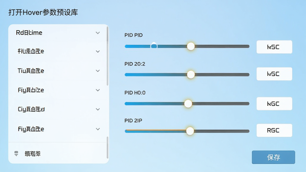 打开Hover参数预设库页面,左侧列表显示机型名称,右侧滑块与数值框调节PID参数,背景为浅蓝渐变,布局分栏式,风格简洁明快,细节包括滑块轨道高亮与保存按钮,画质干净无多余文字干扰