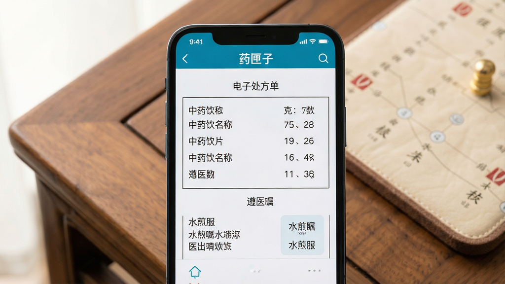 һ���ֻ���Ļ��д��չʾ��ҩϻ�ӡ�App�ڵĵ��Ӵ���������ҳ����������������ʾ��ҩ��Ƭ���ơ��������������·��С���ҽ��������ˮ�������ҽ����Ϣ������Ϊʵľ��������ҽ����棬��������������ͻ��ҩ���봦��Ԫ�أ���ͼ���У����רҵ�����ʸɾ����޶���Ԫ��