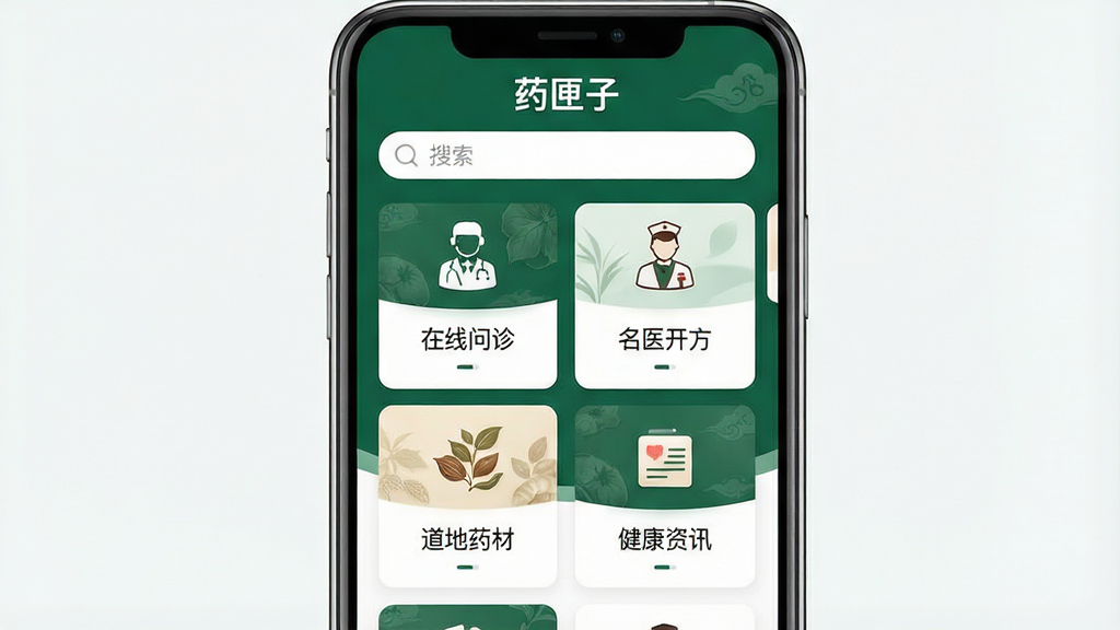 һ�������ֻ���Ļ��ͼ��չʾ��ҩϻ�ӡ�App�����棬������ʾ��ҩϻ�ӡ�Ʒ�����������������в��Կ�Ƭʽ�����������С��������������ҽ��������������ҩ�ġ�����������Ѷ���Ⱥ��Ĺ�����ڣ�����������ɫ�Ͱ�ɫΪ��ɫ���������������£�ͻ����ҽ��ͳ���ִ��Ƽ��Ľ�ϣ����ʸɾ���UI��ƾ��£��޶���Ԫ�أ����湹ͼ
