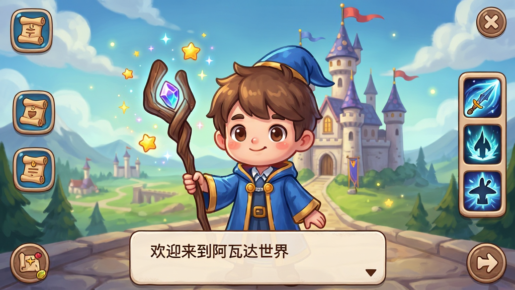 ���壺��Ϸ������չʾ��һ���ֳ�ħ���ȵĿɰ�ħ��ѧͽվ��ħ���Ǳ�ǰ����ΧƯ�������ǵ���ħ����â�����֣���������Ϊ��Ϸ��ɫ������Ϊ������ħ����½��Ǳ��������������ͼ�꣬�Ҳ�Ϊ���ܿ�������Ű棺��ɫ���У�UIͼ��ֲ����Ľǣ������·��жԻ�������ʾ����ӭ�������ߴ����硱������ֻ濨ͨ���ɫ���������ޣ���Ӱ��͡�ϸ�ڣ���ɫ������ɫħ���ۣ��ֳ�ľ�ʷ��ȣ����ȶ����з��ⱦʯ���Ǳ���¥��������Ʈ����ʣ�����ϸ�壬�ɾ����޶���Ԫ�ء�