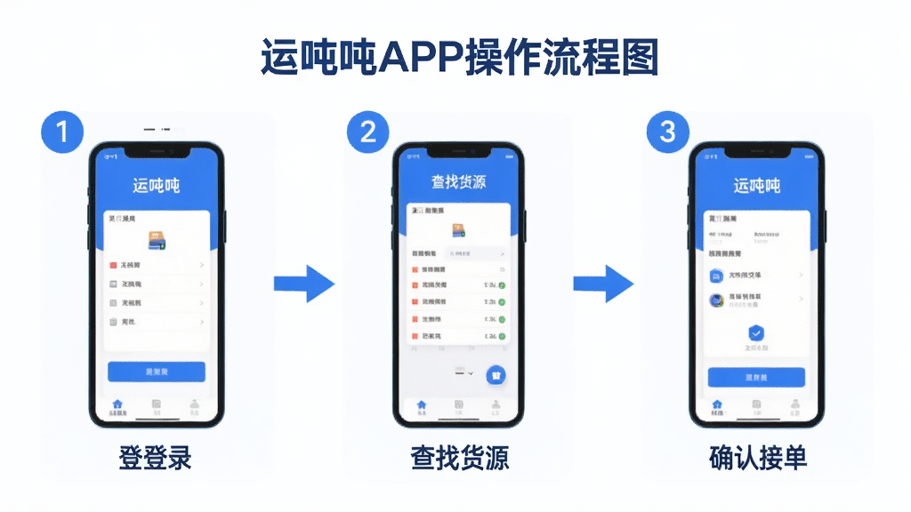 一幅运吨吨APP操作流程图,展示从登录、查找货源到确认接单的整个界面流程,采用分步图解形式,每个步骤配以简洁的界面示意图,并标注“1、2、3”步骤序号。整体风格扁平化,主色调为蓝色,背景干净无杂物,清晰展示“运吨吨”品牌,画质高清,无多余元素。