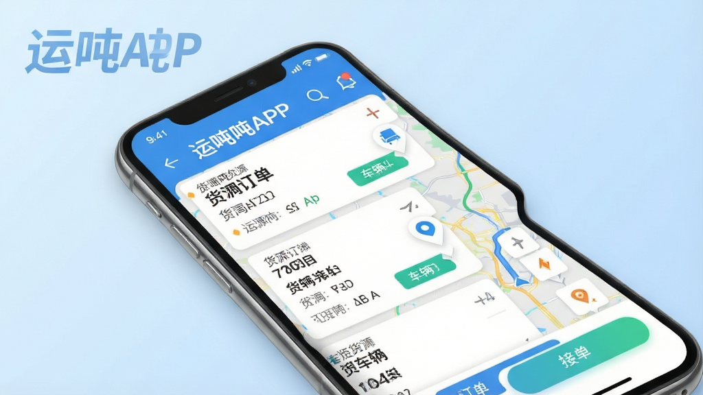 一张展示运吨吨APP核心界面的高清截图,主体是手机屏幕内显示的货运订单列表与地图导航界面,布局清晰,包含货源信息卡片、车辆位置标记和接单按钮。背景为简洁的浅蓝色渐变,风格现代简洁。图片中突出显示“运吨吨”品牌名称,文字需清晰可读,整体画质干净明亮,无多余元素。