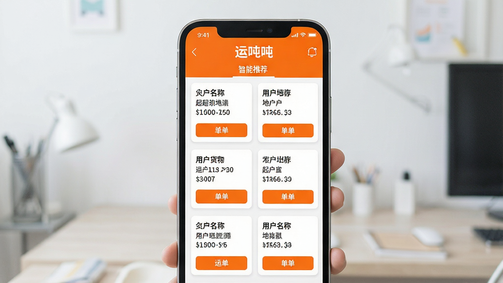 一张运吨吨APP智能匹配功能界面预览图,主体为手机界面中“智能推荐”标签页,页面以列表形式展示与用户条件匹配的多个货源卡片,每个卡片包含货物名称、起止地点、运费金额及“抢单”按钮。卡片排列整齐,色彩以橙色和白色为主,风格清爽,突出“运吨吨”名称,界面细节丰富,画质干净,无多余元素。