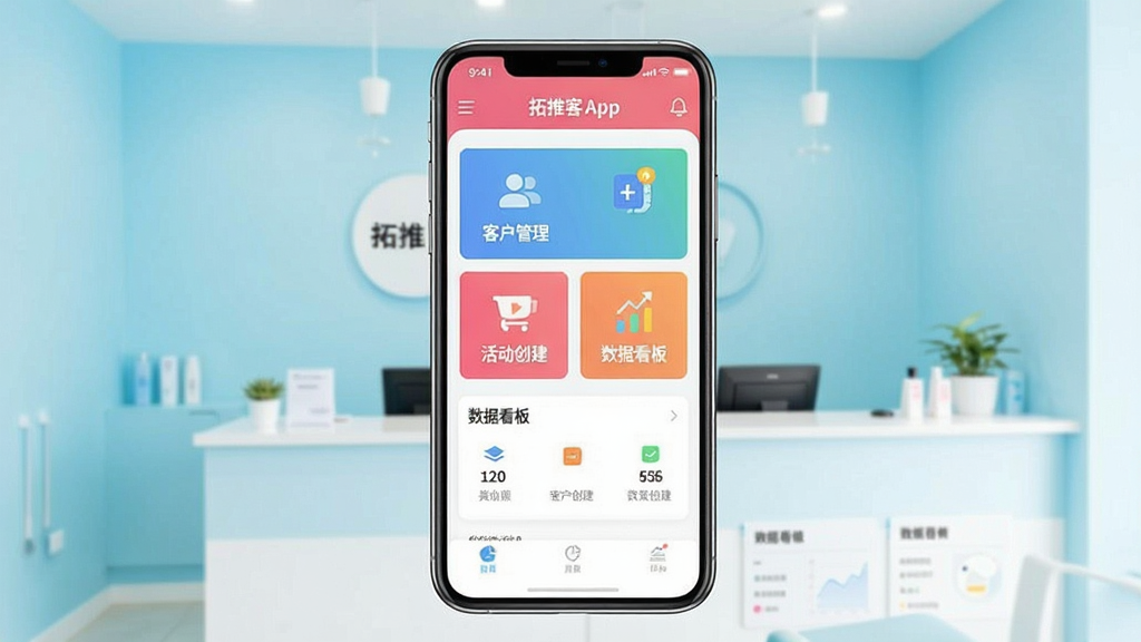 一张智能手机屏幕展示拓推客APP主界面,界面显示“客户管理”“活动创建”“数据看板”等模块,背景是明亮的美容院前台,浅蓝色调,扁平化设计风格,画质干净清晰,无多余元素