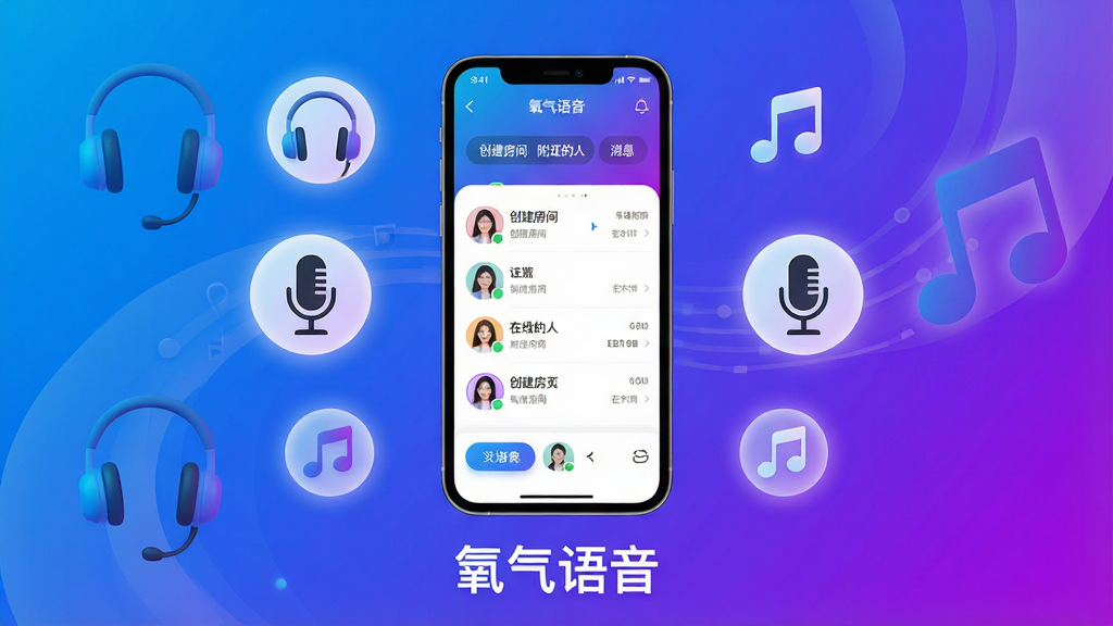 主体:氧气语音APP界面展示,手机屏幕显示语音聊天房间列表和在线好友头像;布局:手机居中,周围环绕耳机、麦克风、音符图标;排版:手机位于画面中央,图标呈环绕式分布,下方有“氧气语音”文字标识;风格:现代科技感,高饱和蓝色与紫色渐变背景;细节:手机界面清晰可见“创建房间”、“附近的人”、“消息”等按钮,图标带有柔和光晕;画质:超清渲染,干净无多余元素