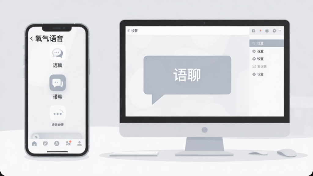 主体:手机与电脑并排展示氧气语音的操作界面,手机端显示底部导航,电脑端显示侧边栏;布局:左侧为手机,右侧为电脑,屏幕朝向观众;排版:两个设备平行放置,背景为简洁的桌面;风格:扁平化插画,浅灰与白色配色;细节:手机屏幕有“语聊”图标,电脑屏幕有“设置”菜单;画质:干净清爽,无多余元素