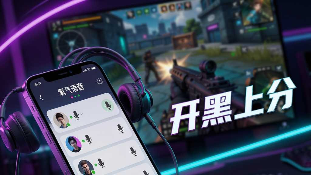 主体:游戏开黑主题宣传图,画面中一台手机连接着耳机,背景是游戏画面(如射击场景),屏幕上显示“氧气语音”的组队房间列表;布局:手机在左下角,游戏画面作为背景虚化,右侧有“开黑上分”文字;排版:对角线构图,画面有动感;风格:赛博朋克霓虹色调,霓虹紫与青色光效;细节:耳机线缠绕在手机边缘,房间列表显示头像和麦克风状态;画质:高动态范围渲染,干净无多余元素