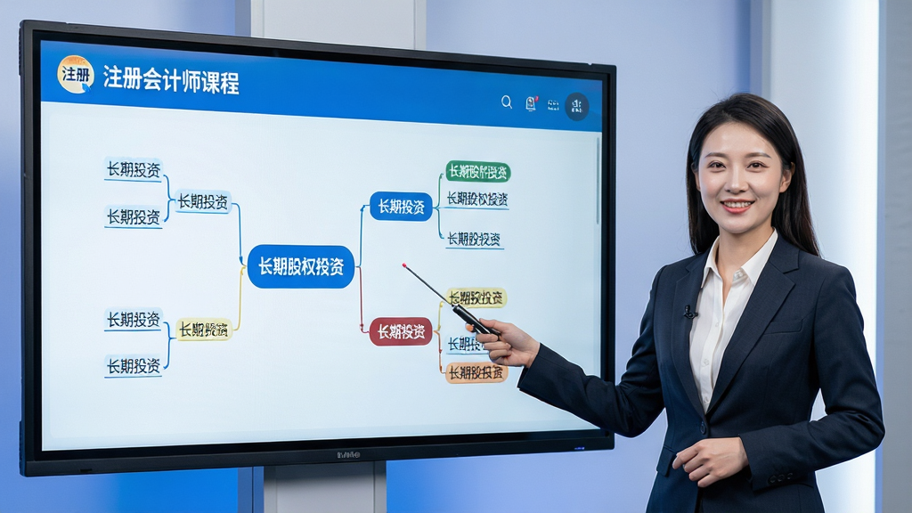 主体:一位身穿职业装的讲师站在大屏幕前,屏幕上是“注册会计师”APP的课程视频界面,显示着“长期股权投资”的思维导图课件。讲师面带微笑,手持激光笔指向屏幕。布局:讲师位于画面右侧三分之一处,左侧三分之二为清晰的课件投影画面,构图稳定。排版:课件内容字迹清晰,图表逻辑明确。风格:写实商业摄影风格,场景明亮,专业演播室环境。细节:讲师表情自然亲切,课件配色专业,画面景深效果自然。画质:高清晰度,真实感强,干净,无多余元素。