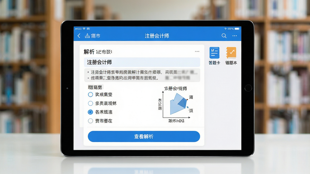 主体:一个平板电脑横屏展示着“注册会计师”APP内的做题界面,屏幕上显示着一道多项选择题,下方是四个选项和“查看解析”按钮,界面右侧有“答题卡”和“错题本”的缩略图标。布局:平板电脑居于画面中央,背景为模糊处理的图书馆书架,营造学习氛围。排版:屏幕内容作为视觉中心,清晰可读。风格:界面设计走简洁清爽路线,蓝白配色,重点信息高亮显示。细节:屏幕上的解析文字清晰,图表专业,整体画面明亮通透。画质:高清渲染,细节丰富,干净,无多余元素。