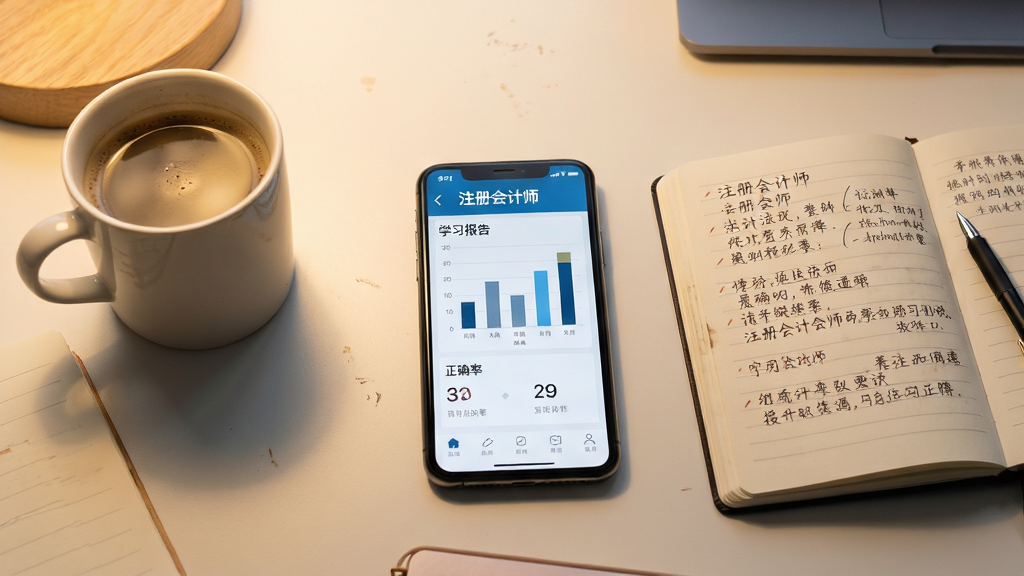 主体:一张整洁的书桌,桌面上放着一部手机,手机屏幕显示“注册会计师”APP的学习报告页面,包含柱状图和正确率数据。旁边放着一杯咖啡和一个笔记本。布局:采用平视视角,桌面元素呈一字排开,手机位于视觉黄金分割点。风格:偏向生活化场景,光线温暖柔和,营造出安静、专注的学习氛围。细节:手机屏幕内容清晰,笔记本上有手写的学习笔记痕迹。画质:写实风格,画质细腻,干净,无多余元素。