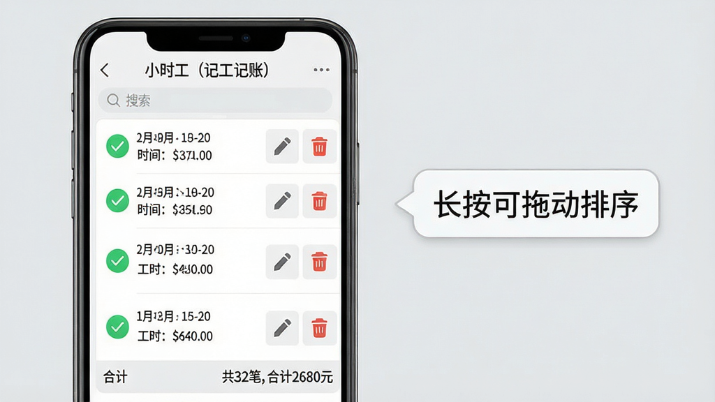 ���壺һ���ֻ���Ļ��ʾ��Сʱ�����ǹ����ˣ����ļ�¼�б���ÿ����¼�������ɫ�Թ�ͼ�꣬�Ҳ��б༭��ɾ����ť�����֣��ֻ�λ�ڻ�����࣬�Ҳ�������������ʾ���������϶����򡱡��Ű棺�б�������ÿ����¼�������ڡ�ʱ�䡢��ʱ������񣺸ɾ������б���񣬱���Ϊǳ�ҡ�ϸ�ڣ���Ļ�����������򣬵ײ��С��ϼơ�������ʾ����32�ʣ��ϼ�2680Ԫ�������ʣ����壬�ɾ����޶���Ԫ�ء�