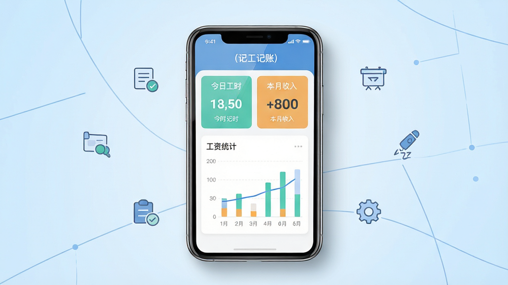 ���壺�ֻ�����չʾСʱ�����ǹ����ˣ�app����ҳ�棬��Ļ���������Ĺ�ʱ��¼������ͳ��ͼ�������֣��ֻ����У���Ļ��ǰ������Ϊ�ɾ���ǳ��ɫ���䣬��Χ�м���������ͼ���׺���Ű棺ҳ����ʾ�����չ�ʱ�����������롱�ȿ�Ƭ��������������񣺱�ƽ����ƣ�ɫ���������죬APP����ͼ�����׶���ϸ�ڣ��ֻ���Ļ������Ȼ����Ӱ��ͣ������ɾ������ʣ����壬�ɾ����޶���Ԫ�ء�