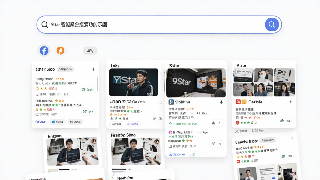 9Star智能聚合搜索功能示意图,主体为搜索界面,输入框位于顶部,下方展示来自不同平台的卡片式搜索结果,布局错落有致,风格现代扁平,细节有分类标签和缩略图,画质清晰,背景纯净