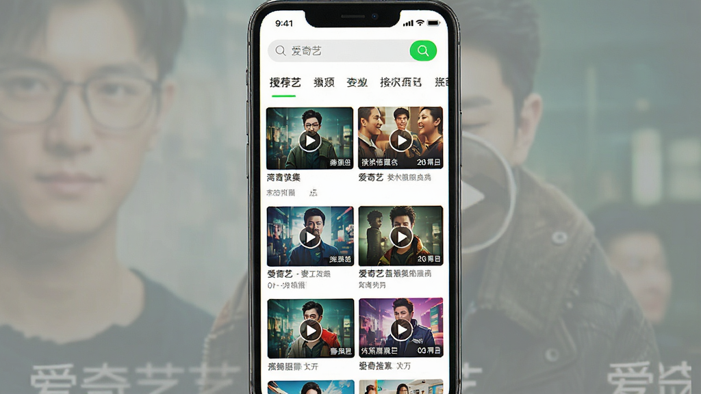 一张展示爱奇艺应用界面全貌的图片,主体为手机屏幕上的爱奇艺首页,布局清晰,顶部有搜索栏和分类标签,中部为推荐视频的缩略图墙,内容丰富多样,风格现代简约,界面色彩鲜明,细节处理精致,画质高清干净,无多余元素,图片中显示文字“爱奇艺”。