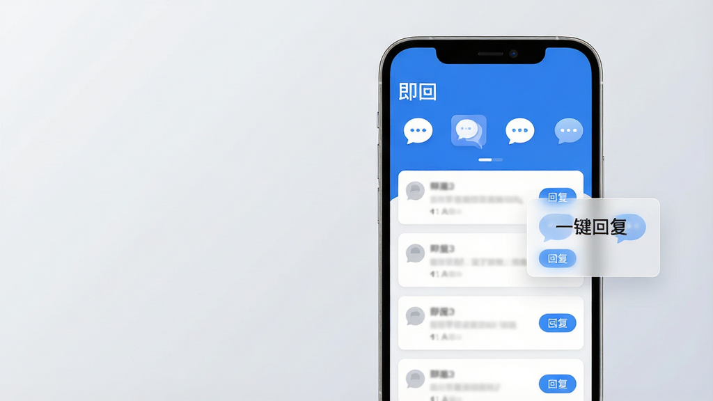 主体:一部智能手机屏幕亮起,显示“即回”App主界面,界面简洁,顶部有“即回”文字标识,下方排列着几个对话气泡图标。布局:手机位于画面中央偏右,左侧留白,背景为浅灰色渐变,营造科技感。排版:手机屏幕内容清晰可见,对话列表采用卡片式布局,每条消息右侧有快速回复按钮。风格:现代扁平化设计,色彩以蓝色和白色为主,整体干净明亮。细节:屏幕中显示一条未读消息,并弹出半透明的快捷回复小窗,小窗上有文字“一键回复”,画面无多余元素。画质:高清渲染,细节丰富,干净无杂物。