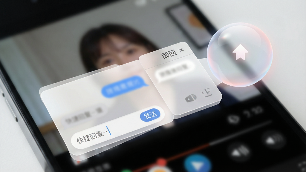 主体:一个半透明的圆形悬浮球悬浮在手机屏幕的右上角,点击后展开一个窄长的消息回复面板,面板上有文字输入框和发送按钮。布局:悬浮球位于屏幕边缘,消息面板从悬浮球左侧滑出,背景为模糊处理的视频播放画面,体现不中断当前操作。排版:面板设计紧凑,消息以气泡形式显示,底部有圆角输入框,整体视觉轻盈不遮挡主体内容。风格:拟物化与扁平结合,悬浮球带有微光效,色彩柔和,面板以白色半透明毛玻璃质感呈现。细节:悬浮球上有一个小箭头图标,面板顶部显示“即回”字样,输入框内有灰色提示文字“快捷回复…”,画面干净无多余元素。画质:高清晰度,光影自然,无多余元素。