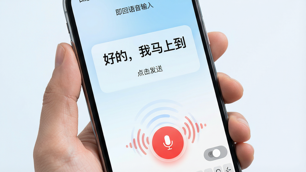 主体:手机屏幕显示即回App的语音输入界面,底部有一个红色麦克风按钮,顶部显示转换出的文字内容“好的,我马上到”。布局:界面中央偏上为识别文字区域,底部为麦克风按钮和键盘切换键,背景为淡雅蓝白渐变。排版:识别文字以清晰的黑色字体居中显示,麦克风按钮周围有动态声波波纹,整体布局符合单手操作习惯。风格:简洁现代,按钮设计圆润,带有轻微拟物质感,色彩对比柔和。细节:屏幕上方显示“即回语音输入”字样,识别文字下方有“点击发送”提示,波纹动画流畅,画面干净无多余元素。画质:细腻渲染,文字锐利,无多余元素。