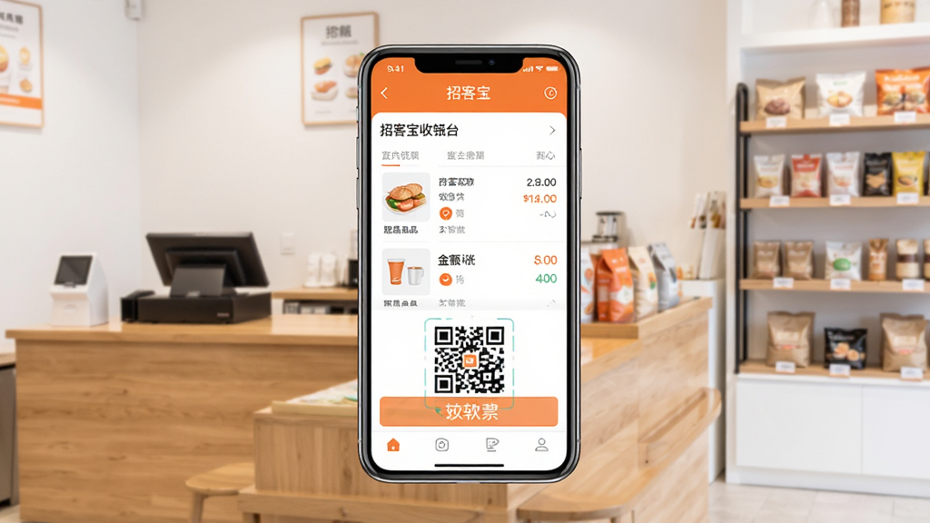 招客宝软件主界面展示,主体为一部智能手机横屏显示,屏幕内是招客宝收银台页面,包含商品列表、金额汇总和二维码收款区域。背景是干净明亮的现代小店环境,有木质柜台和商品货架。整体布局居中,采用扁平化UI设计风格,配色以橙白为主,细节清晰,画质高清,干净无多余元素。