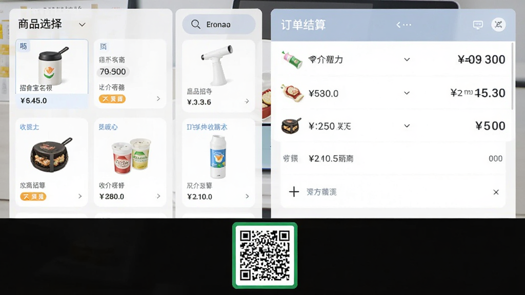 招客宝收银功能截图,主体为收银操作界面,左侧是商品选择区域,右侧是订单结算面板,底部有收款二维码。布局清晰,采用卡片式排版,风格简约商务,细节显示商品名称和价格,画质干净,无多余元素。