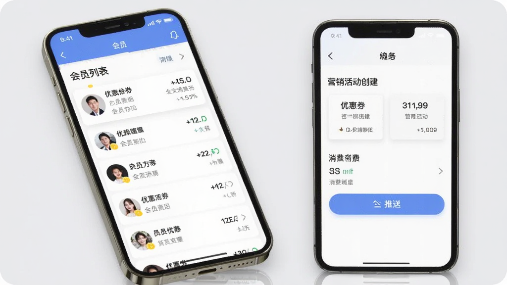 招客宝会员营销功能界面,主体为手机截图,展示会员列表和营销活动创建页面,包含优惠券模板和推送按钮。背景为浅灰色,布局采用列表式,风格清新,细节展示会员头像和消费数据,画质细腻,干净无多余元素。