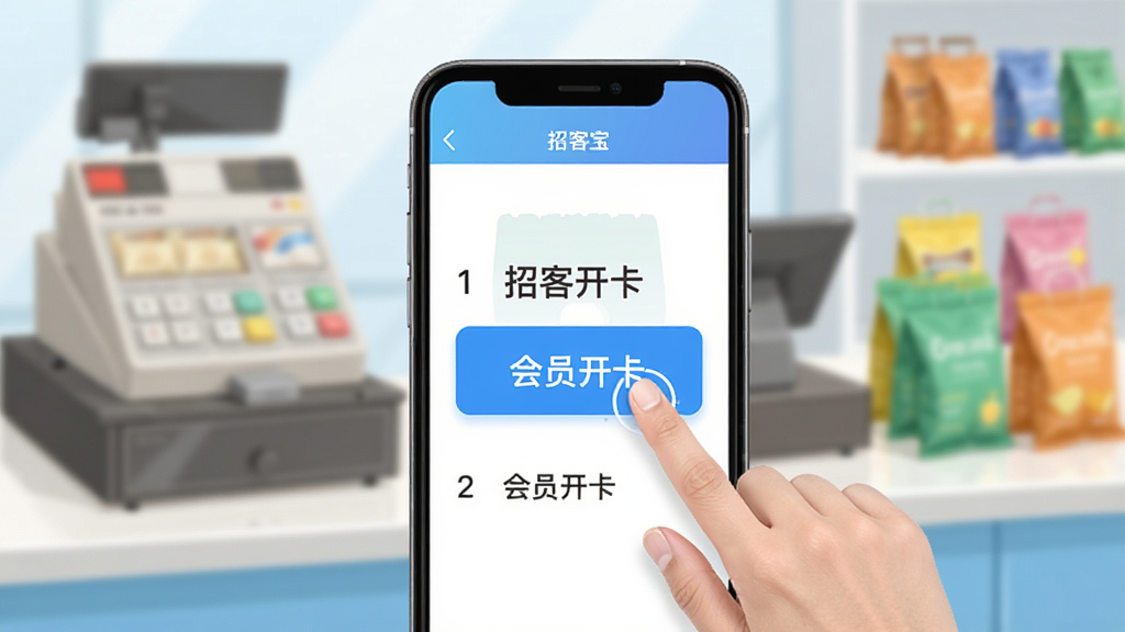 招客宝手机端操作教程示意图,主体为手机操作界面,手指点击“会员开卡”按钮,背景虚化显示收银台和商品。布局简洁,采用示意图风格,配色明亮,细节展示每一步操作提示,画质清晰,干净无多余元素。