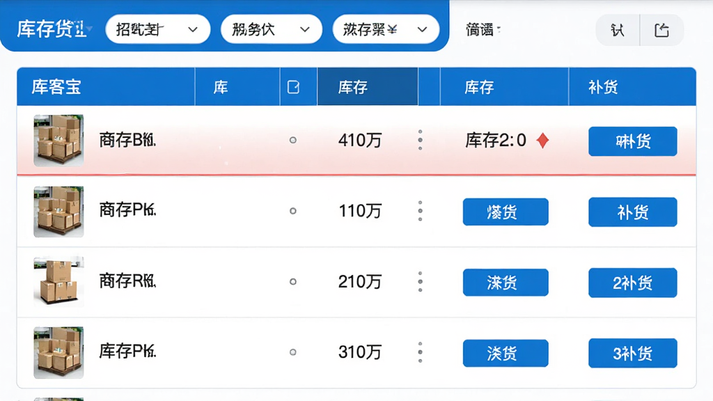 招客宝进销存管理界面,主体为库存商品列表,每个商品显示缩略图、库存数字和补货按钮。顶部有分类筛选栏,整体布局简洁,采用数据表格风格,配色蓝白,细节展示库存预警线,画质高清,干净无多余元素。
