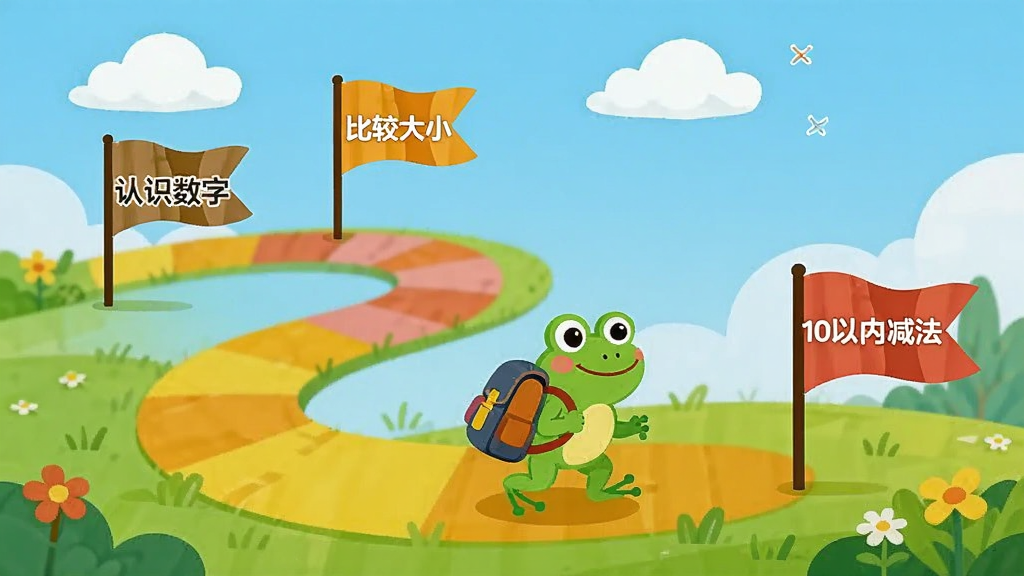ѧϰ·���滮ͼ������չʾһ�������Ĳ�ɫС·��·�߲���С���ӣ�������д�š���ʶ���֡������Ƚϴ�С������5���ڼӷ�������10���ڼ�������ѧϰ�ؿ���һֻ��ͨ���ܱ��������·��ǰ����������������ƺͲݵأ�����ƽ�������廭���Ű�������죬ɫ�����죬���ʸɾ�