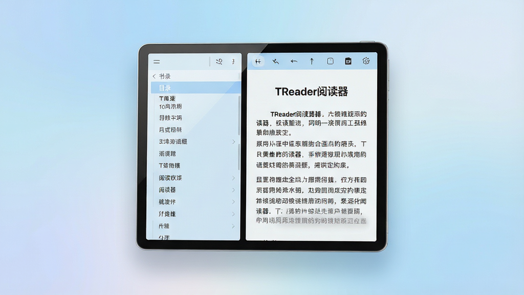 ���壺һ���ִ���Լ����TReader�Ķ���������������ͽ��䱳�����룬��Ļ��չʾ���Ű澫�������ĵ������������ݡ����֣�����������ҷ�����ƣ����Ϊ��͸���鼮Ŀ¼�б����Ҳ�Ϊ���Ķ����򣬶����м��Ĺ�����ͼ�ꡣ�Ű棺�����������������������������ʣ��������ּӴ���ʾΪ��TReader�Ķ���������񣺱�ƽ��UI��ƴ���ǳ�����ɫ��ɫ���������Χ����רע��ϸ�ڣ���Ļ��Ե����͵Ĺ�Ӱ���䣬ģ����ʵ�豸�ʸУ������黯����ͻ�����塣���ʣ�8K��������Ⱦ������ɾ��޶���Ԫ�أ���Ʒ��ˮӡ��
