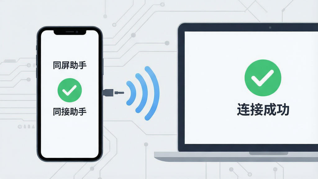 主体:一部手机屏幕显示“同屏助手”连接成功界面,旁边有一台笔记本电脑,两者通过无线信号连接。布局:手机在左,笔记本在右,画面中央有绿色对勾图标和“连接成功”字样,背景为浅灰色科技感线条。排版:简洁直观,突出连接过程。风格:扁平化插画风格,色彩清新,细节到位。画质:高清,干净,无多余元素。