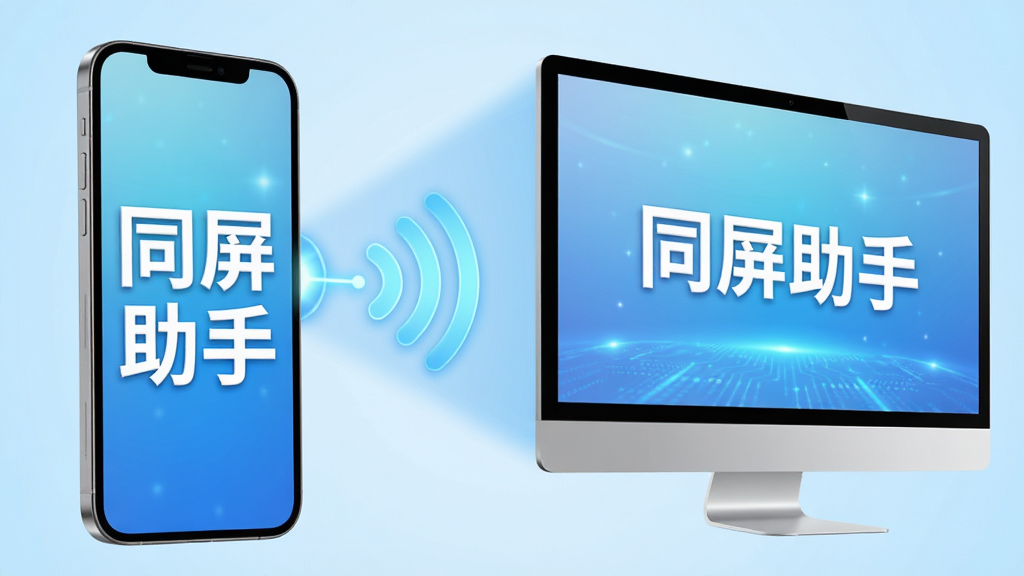 主体:一部智能手机屏幕投射到电脑显示器上,手机和电脑画面完全一致,屏幕上显示“同屏助手”四个大字。布局:手机位于画面左侧,电脑位于右侧,两者之间有一条发光的连接线或无线信号波纹连接。排版:画面干净,主体突出,背景为浅蓝色渐变科技感光效。风格:写实3D渲染风格,色彩明亮清晰,细节丰富。画质:高清,干净,无多余元素。