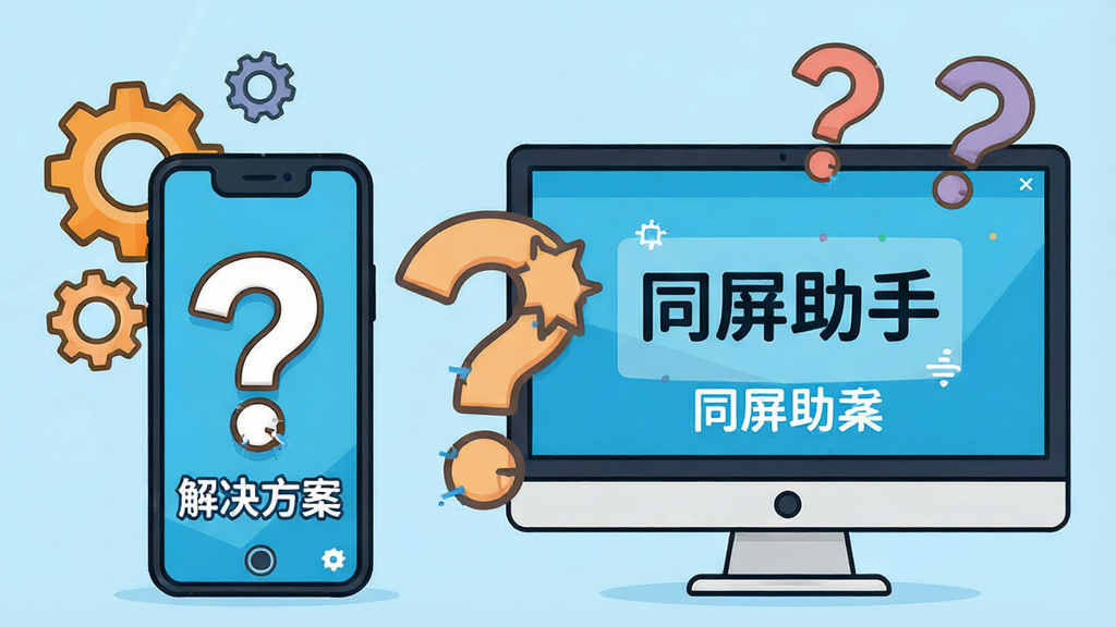 主体:一部手机和一台电脑并排放置,屏幕上都显示“同屏助手”界面,背景有齿轮和问号图标。布局:手机在左,电脑在右,中间有一个大大的问号,底部有“解决方案”字样。排版:文字清晰,图标形象。风格:卡通扁平风格,色彩明亮,背景浅蓝色。画质:高清,干净,无多余元素。