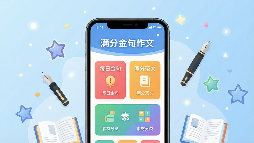 图片主体为满分金句作文手机应用界面,居中展示一部大屏智能手机,屏幕内清晰显示“满分金句作文”应用首页,包含“每日金句”“满分范文”“素材分类”等彩色功能卡片。背景为淡蓝色渐变,搭配散落的光点与钢笔、书本、星形装饰元素,整体布局清爽简洁,风格扁平化插画,画质高清,干净无多余元素。